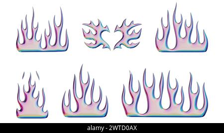 3D-Flammen. Set trendiger Y2K-Elemente. Verchromte Feuerformen mit Flüssigmetalleffekt. 3D-Rendering. Isolierte Illustrationen. Stockfoto