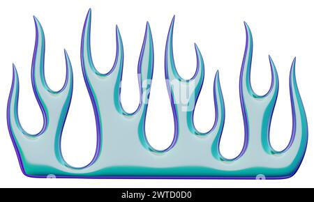 3D-Flamme. Trendiges Y2K-Element. Schillernde bunte Brandform mit glänzenden Verlaufseffekten. 3D-Rendering. Isolierte Abbildung. Stockfoto