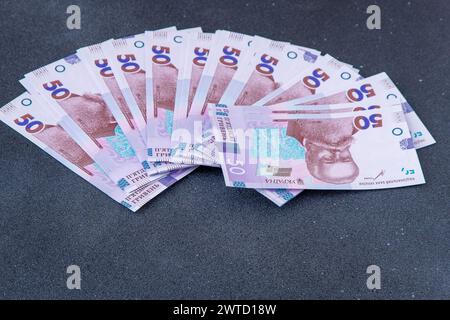 Ukrainisches Geld. 50 Griwna-Banknote. Porträt von Michail Grushevsky. Stockfoto