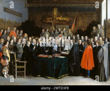 Die Ratifizierung des Spanisch-niederländischen Vertrags von Münster, 15. Mai 1648,(1648),in,die,Sammlung,des,Rijksmuseum,in,Amsterdam,Gerard ter Borch, Stockfoto