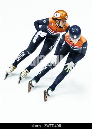 ROTTERDAM - (l-r) Suzanne Schulting (NED), Xandra Velzeboer (NED) beim Viertelfinale 1000 Meter Frauen bei den Kurzstreckenweltmeisterschaften in Ahoy. ANP KOEN VAN WEEL Stockfoto