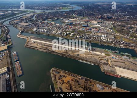 Luftbild, duisport - Duisburger Hafen, Hafengebiet mit Ölinsel und Kohleninsel, Ruhrort, Duisburg, Ruhrgebiet, Nordrhein-Westfalen, Deutschland, Duisburg-N ACHTUNGxMINDESTHONORARx60xEURO *** Luftansicht, Duisport Duisburger Hafen, Hafengebiet mit Öl- und Kohleinsel, Ruhrort, Duisburg, Ruhrgebiet, Nordrhein-Westfalen, Deutschland, Duisburg N ATTENTIONxMINDESTHONORARx60xEURO Stockfoto