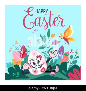 Osterplakat mit Happy Holiday Persönlichkeit Groovy Ei Charakter zwischen Frühlingsblume Stock Vektor