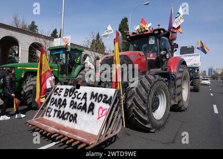 Mehrere Traktoren während eines Protestes von Bauern und Viehzüchtern gegen Verbesserungen im ländlichen Sektor im Zentrum von Madrid am 17. März 2024. Stockfoto