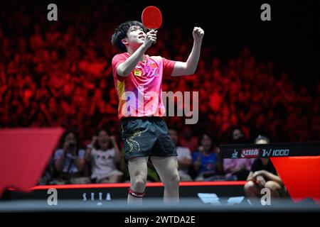 Singapur. März 2024. Wang Chuqin aus China feiert den Sieg im Finale der Männer gegen Liang Jingkun aus China beim World Table Tennis Singapore Smash 2024 in Singapur am 17. März 2024. Quelle: Dann Chih Wey/Xinhua/Alamy Live News Stockfoto