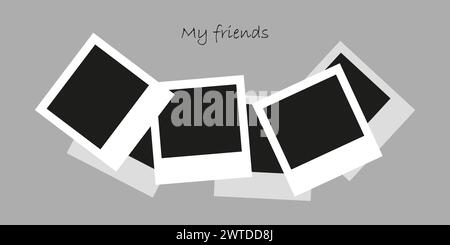Die Fotokamera rahmt ein Fotomockup-Scrapbook auf eine graue Wand. Foto meiner Freunde. Schwarze Fotorahmen-Vorlage. Vektorabbildung. Stock Vektor