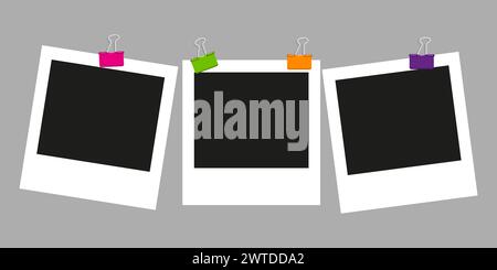 Die Polaroid-Kamera rahmt ein Fotomockup-Scrapbook auf eine graue Wand. Farbclip. Schwarze Fotorahmen-Vorlage. Vektorabbildung. Stock Vektor
