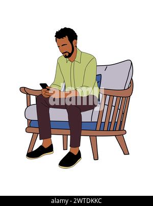 Geschäftsmann sitzt im Sessel und benutzt das Telefon. Stock Vektor