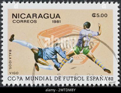 Von Nicaragua gedruckte Briefmarke, die 1982 die Weltmeisterschaft in Spanien fördert, um 1981. Stockfoto