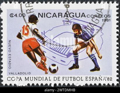 Von Nicaragua gedruckte Briefmarke, die 1982 die Weltmeisterschaft in Spanien fördert, um 1981. Stockfoto
