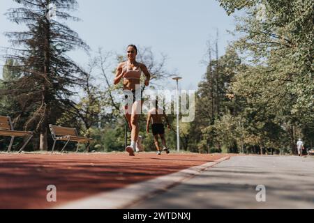 Ein Paar, das durch den Park sprintet, Outdoor-Training genießt und motiviert für eine bessere Körperform ist. Stockfoto
