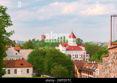 Vilnius, Litauen - 6. Mai 2012 - Kathedrale des Theotokos. Gediminas' Turm ist im Hintergrund. Stockfoto