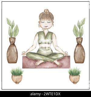 Aquarell Yogalehrer Clipart, handgezeichnete Illustration. Lehrer und Blumen, Kinder Schulkarten ClipArt, lehrreiche, niedliche Kindergrafiken mit Profi Stockfoto