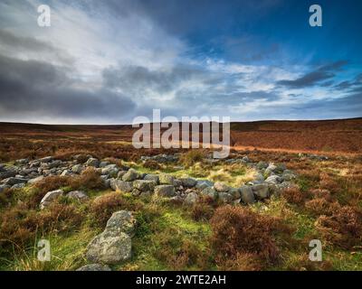 Eine rekonstruierte bronzezeitliche Siedlung am Ilkley Moor in Yorkshire. Die Siedlung besteht aus einem Hüttenkreis und Mauern. Stockfoto