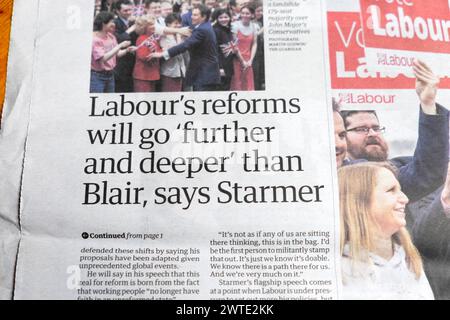 "Die Reformen der Labour-Partei werden "weiter und tiefer gehen" als (Tony) Blair, sagt (Keir) Starmer' Guardian Schlagzeilen-artikel vom 14. Mai 2023 London UK Stockfoto