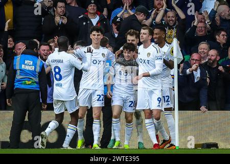 Leeds, Großbritannien. März 2024. Daniel James von Leeds United feiert sein Tor, das 1-0 Punkte erzielte und Leeds beim Sky Bet Championship Match Leeds United gegen Millwall in der Elland Road, Leeds, Großbritannien, 17. März 2024 (Foto: James Heaton/News Images) in Leeds, Großbritannien am 17. März 2024. (Foto: James Heaton/News Images/SIPA USA) Credit: SIPA USA/Alamy Live News Stockfoto