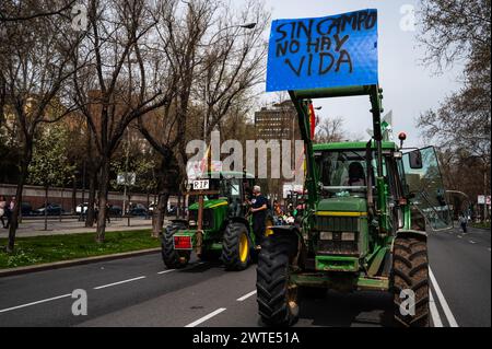 Madrid, Spanien. März 2024. Bauern und Traktoren demonstrieren, die durch das Stadtzentrum marschieren. Rund 100 Traktoren und Landwirte haben marschiert und faire Preise und eine Änderung der europäischen Politik gefordert. Quelle: Marcos del Mazo/Alamy Live News Stockfoto