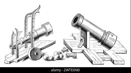 Mündungsartillerie, Bombarden mit festen und rollenden Wagen, 14. Jahrhundert Stockfoto