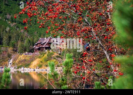 Traditionelle hölzerne Berghütte im Tatra-Gebirge über dem Morskie-Oko-See. Sehr beliebtes Trekkingziel in Polen Stockfoto