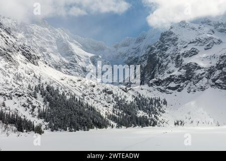 Gefrorener Morskie Oko See, bedeckt mit Schnee am sonnigen Tag mit Menschen auf seiner Oberfläche. Teilweise bewölkte Gipfel der Hohen Tatra wie Rysy Stockfoto