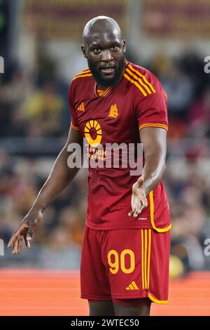 Rom, Italie. März 2024. Romelu Lukaku von Roma reagiert während des italienischen Meisterschaftsspiels Serie A zwischen AS Roma und US Sassuolo am 17. März 2024 im Stadio Olimpico in Rom, Italien - Foto Federico Proietti/DPPI Credit: DPPI Media/Alamy Live News Stockfoto