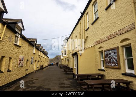 Hartland Quay Hotel and Museum. Das ehemalige Zollhaus dieses historischen Hafens und Schmugglers an der Atlantikküste von Devon ist heute ein Hotel. Stockfoto