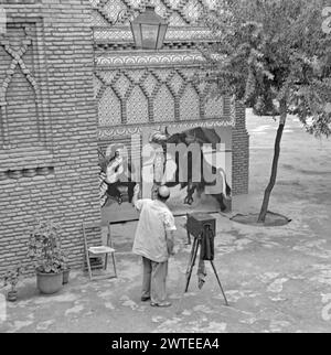 Eine Straßenszene mit einem Fotografen, der 1955 in Barcelona, Spanien, ein Foto vom Typ „Kopf im Loch“ machte. Die beiden Bretter haben ein Flamenco-Thema (links) und ein Stierkampf-Motiv (rechts). Ein Mann scheint Gitarre für ein Foto zu spielen. Ein Fotoständer (Gesicht/Kopf im Lochbrett oder Fotomaterial) ist ein Brett mit einem Bild, auf dem die Leute ihr Gesicht durch das ausgeschnittene Loch eines Bretts stecken können (hier ein ausgeschnittener Bereich oben). Es erzeugt die Illusion, Teil der Szene zu sein. Stand-ins sind häufig an der Küste, an Karnevals und in Freizeitparks – ein Vintage-Foto aus den 1950er Jahren. Stockfoto