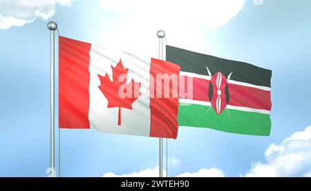 3D-Flagge Kanadas und Kenias am blauen Himmel mit Sonnenschein Stockfoto