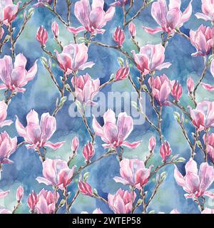 Hintergrund mit Zweigen und Blumen Magnolie auf blauem Himmel, Aquarell auf Papier Stockfoto