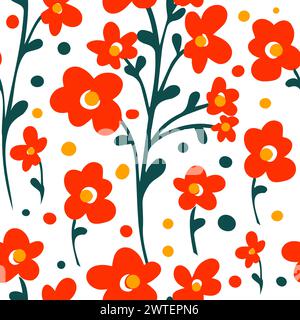 Nahtloses Muster aus einfachen, süßen Wiesenblumen. Rote einfache Blumen. Kindliches nahtloses Muster. Handzeichnung. Nicht AI, Vektorillustration Stock Vektor