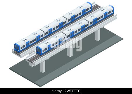 Isometrische U-Bahn City Train, Sky Train Road. Sky Train Station. Moderne Öffentliche Verkehrsmittel Stock Vektor