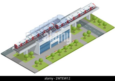 Isometrische U-Bahn City Train, Sky Train Road. Sky Train Station. Moderne Öffentliche Verkehrsmittel Stock Vektor