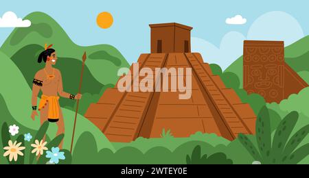 Maya-Zivilisationslandschaft. Antike Architektur der Azteken und Inkas. Dorf mit Pyramidentempel. Südamerikanische Menschen. Antike indische Kultur. Warrio Stock Vektor