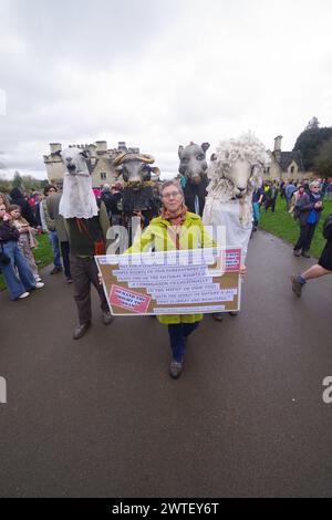 Hunderte von Right to Roam Demonstranten marschierten am 17. März 2024 durch den Cirencester Park. Gloucestershire Bathurst Estate führt jetzt Eintrittsgelder ein. Der Park ist seit über 300 Jahren frei zugänglich. Unter den Demonstranten war der Nachfahre von Henry Irwin Jenkinson, Sheila Wiggins. Henry Irwin Jenkinson führte 1887 den Latrigg Fell Trespass in Keswick an Stockfoto