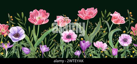 Nahtloser Rand mit Frühlingsblumen und Pflanzen. Pinkfarbene Doppeltulpen, bunte Anemonen, Krokusse und wilde gelbe Blumen. Stockfoto