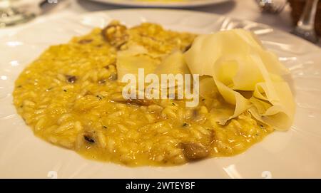 Gericht mit köstlichem Pilzrisotto. Italienisches Essen. Nahaufnahme, selektiver Fokus. Stockfoto