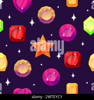 Nahtloses Edelsteinmuster. Bunte funkelnde Edelsteine. Verschiedene Schmuckzuschnitte. Glänzende Kristalle. Luxuriöse Smaragde und Saphire. Edelsteine. Bril Stock Vektor