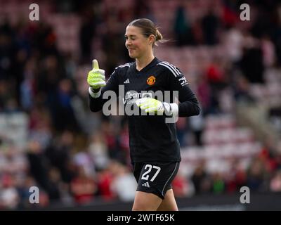 Manchester, Großbritannien. März 2024. Manchester United Torhüterin Mary Earps (27) während des Spiels der barclays-Superliga zwischen Manchester United und Bristol City im Leigh Sports Valley Stadium 17. März 2024 (Jayde Chamberlain/ SPP) Credit: SPP Sport Press Photo. /Alamy Live News Stockfoto