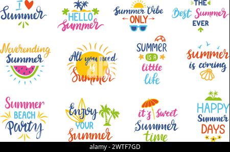 Sommerliche Schriftzüge. Sommer, Sommer positiver Text mit Doodle-Elementen. Urlaub und Reisen, saisonale Abenteuer neoterische Vektorset Stock Vektor