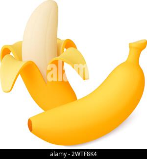 Isolierte 3D-Bananen. Reinigen Sie Banane und in Schalen. Gelbe tropische Früchte, exotische Vitamine, süßes Dessertessen. Natürliche Elemente des realistischen Rendervektors Stock Vektor
