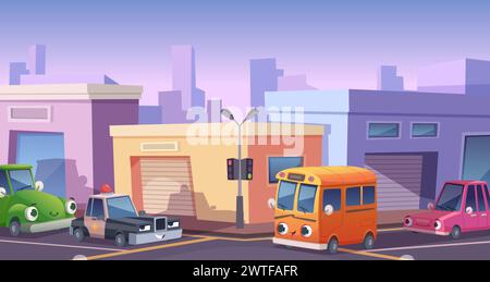 Cartoon-Stadt. Urbane Landschaft mit lustigen Fahrzeugen mit Augen Autos LKW und Busse exakte Vektor-Hintergründe Illustrationen Stock Vektor