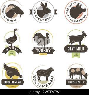 Food-Logo. Emblem mit verschiedenen Tieren für den Verzehr Marktprodukte Kaninchen Kuh Lamm und Schweinefleisch aktuelle Vektor-Vorlagen mit Platz für Text Stock Vektor