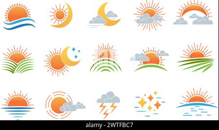 Aufgehende Sonne. Sterne Mond und untergehende Sonne in Wolken neue Vektorsymbole von Tag und Nacht Stock Vektor