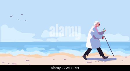 Ein älterer Mann im Regenmantel mit Sonnenschirm am Strand an einem sonnigen Tag. Ufer mit Strand und Wellen. Poster mit Meerblick. Blauer Himmel mit Wolken über dem Meer. Hintergrund für Poster, Banner und Flyer. Vektorabbildung Stock Vektor