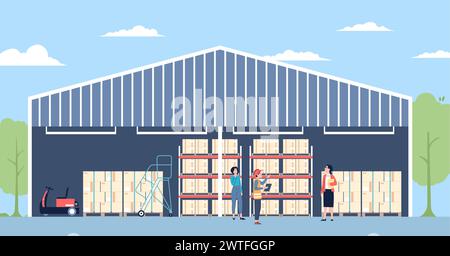 Warehouse Audit. Uniformierter Mitarbeiter, Manager und Auditor. Logistische Büromitarbeiter, Pakete und Spezialwagen. Riesiges flaches Lagerhaus, Vektorszene Stock Vektor