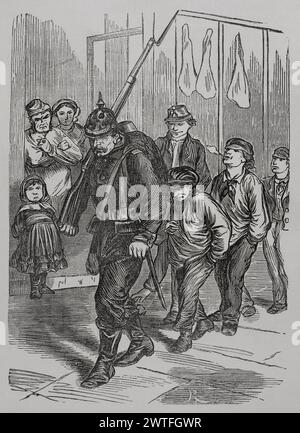 Deutsch-Französischer Krieg (1870–1871). Am 1. März 1871 drang die preußische Armee symbolisch in Paris ein, obwohl die Truppen später die Stadt verließen. Der letzte Deutsche in Paris. Gravur. Historia de la Guerra de Francia y Prusia (Geschichte des Krieges zwischen Frankreich und Preußen). Band II Veröffentlicht in Barcelona, 1871. Stockfoto