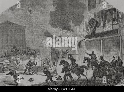 Frankreich. Kommune Paris. Revolutionäre Volksbewegung, die vom 18. März bis 28. Mai 1871 in Paris die Macht übernahm, während des Deutsch-Französischen Krieges. Brandstifter, überrascht von Versailles Truppen. Zeichnung von Miranda. Gravur von Capuz. Historia de la Guerra de Francia y Prusia (Geschichte des Krieges zwischen Frankreich und Preußen). Band II Veröffentlicht in Barcelona, 1871. Autor: Tomás Carlos Capuz (1834-1899). Spanischer Stecher. Stockfoto