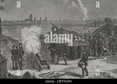 Deutsch-Französischer Krieg (1870–1871). Belagerung von Sélestat (Schlettstadt) durch preußische Truppen. Bombardierung der elsässischen Stadt im Oktober 1870. Gravur. Historia de la Guerra de Francia y Prusia (Geschichte des Krieges zwischen Frankreich und Preußen). Band II Veröffentlicht in Barcelona, 1871. Stockfoto