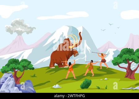 Mammut-Jagd. Wollmammuts und Höhlenmensch mit primitiven Speerwaffen, neandertaler menschliche Jägertiere jagen Stein prähistorische Landschaft Vektor Illustration der prähistorischen Mammutjagd Stock Vektor