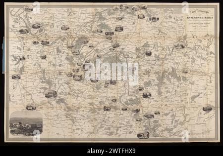 Carte pittoresque des environs de Paris, de ses Fortifications et Forts détachés / dressée par A. Vuillemin; gravée sur acier par Bénard, 1848. Vuillemin, A. (Alexandre), 1812-1880, Kartograph. 1848 zuvor veröffentlicht 1842. Siehe: L. Vallée. Katalog des Plans de Paris, 3154. Bemerkenswerte Gebäude, die bildhaft in situ dargestellt werden. Inklusive Blick auf Paris vom Montmartre unten links. Die gefaltete Karte, die auf S. [3] der Abdeckplatte angebracht ist. Auf S. [1] des Umschlags ist ein gedrucktes Titelblatt mit Vignette des Arc de Triomphe und mit Fatouts Adresse zu Fuß; Titel: Nouveau Plan pittoresque de Par Stockfoto